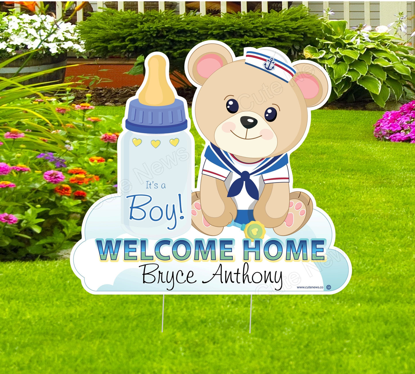 Welcome Home New Baby Teddy Bear Yard Sign, Custom Name Its a Boy Personalized Lawn Birth Announcement, Newborn Arrival Decoration Card Gift
