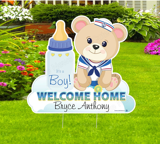 Welcome Home New Baby Teddy Bear Yard Sign, Custom Name Its a Boy Personalized Lawn Birth Announcement, Newborn Arrival Decoration Card Gift
