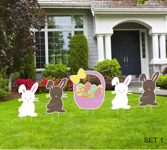 Easter Lawn Sign Set: Bunnies & Basket, Outdoor Holiday Decor