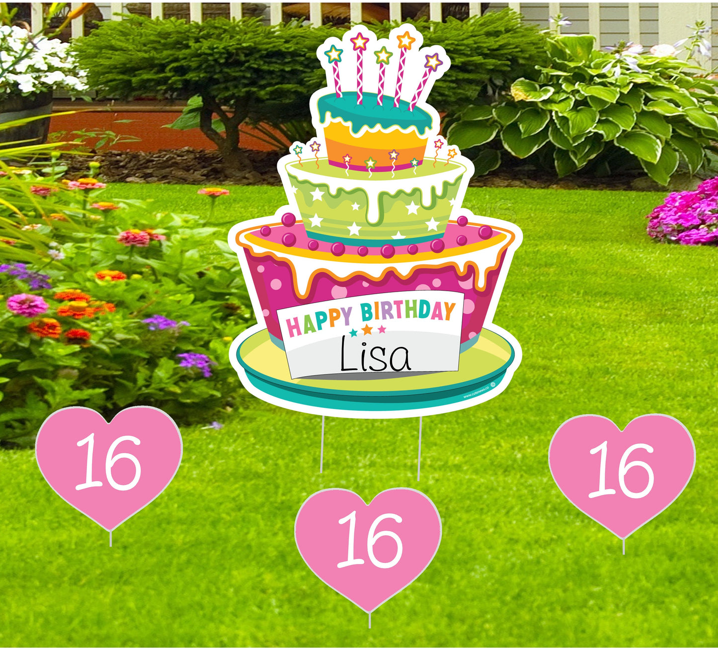 Personalized Birthday Yard Sign Kit: Cake & Hearts Lawn Decoration