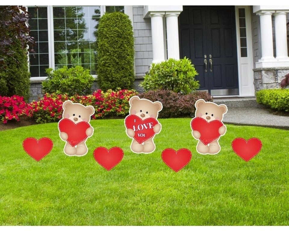 Valentines Teddy Bear & Red Hearts Yard Signs: Party Lawn Decor, Set of 7
