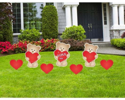 Valentines Teddy Bear & Red Hearts Yard Signs: Party Lawn Decor, Set of 7