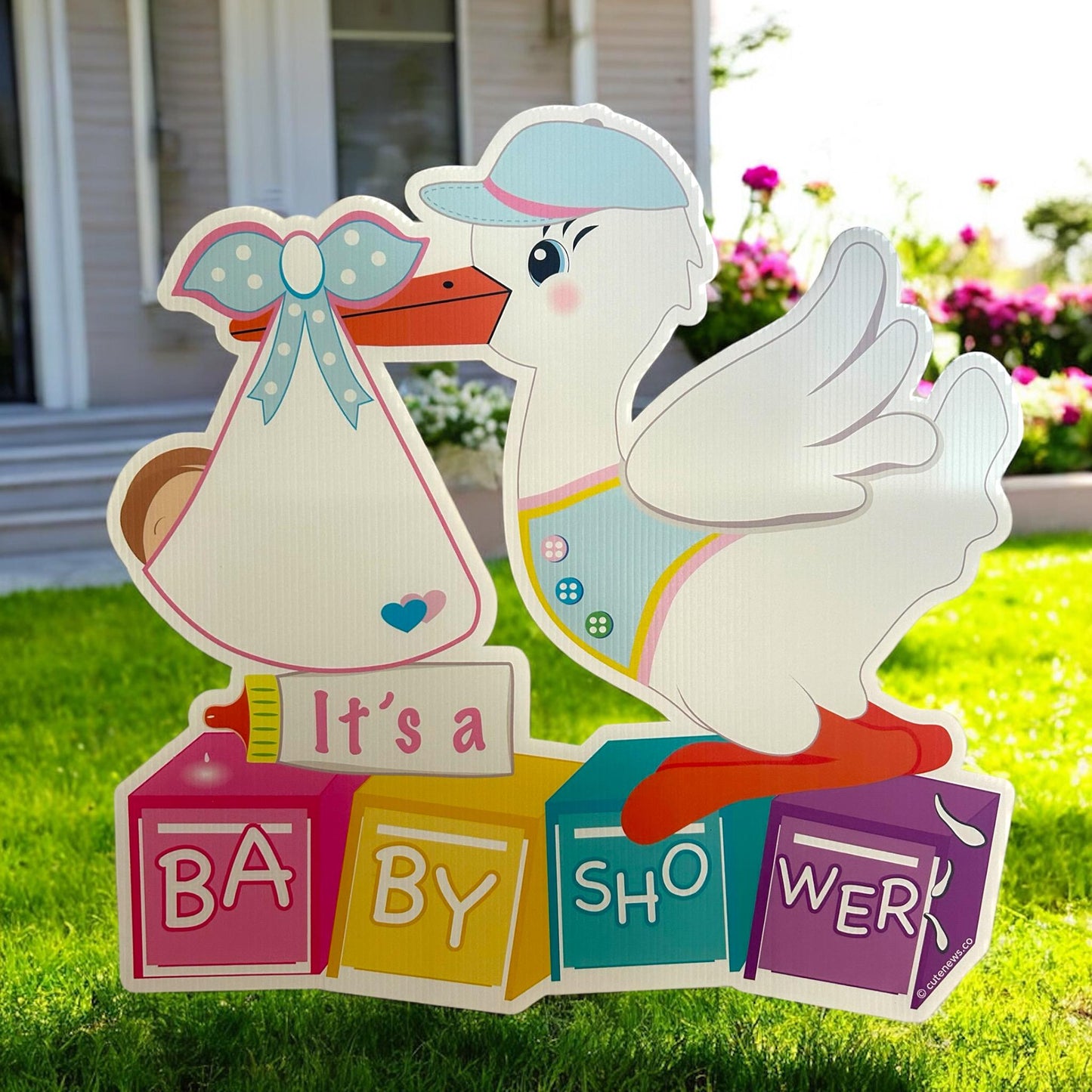 Personalized Stork Baby Shower Yard Sign - Outdoor Party Decor - Building Blocks Theme