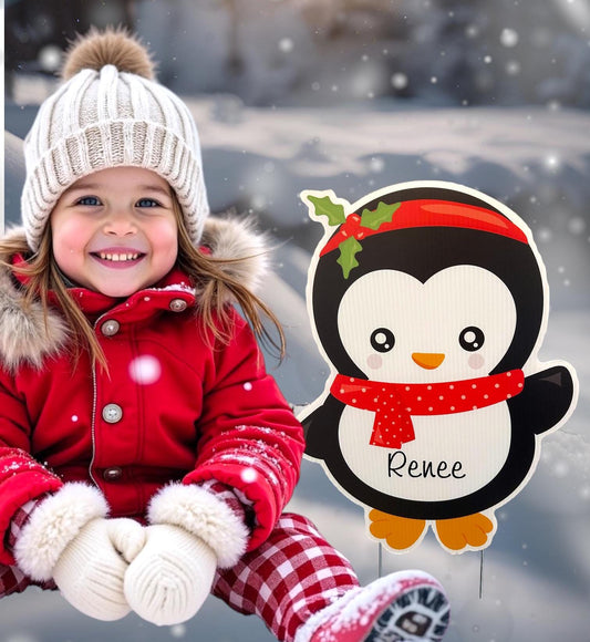 Personalized Penguin Christmas Yard Sign: Holiday Lawn Decoration