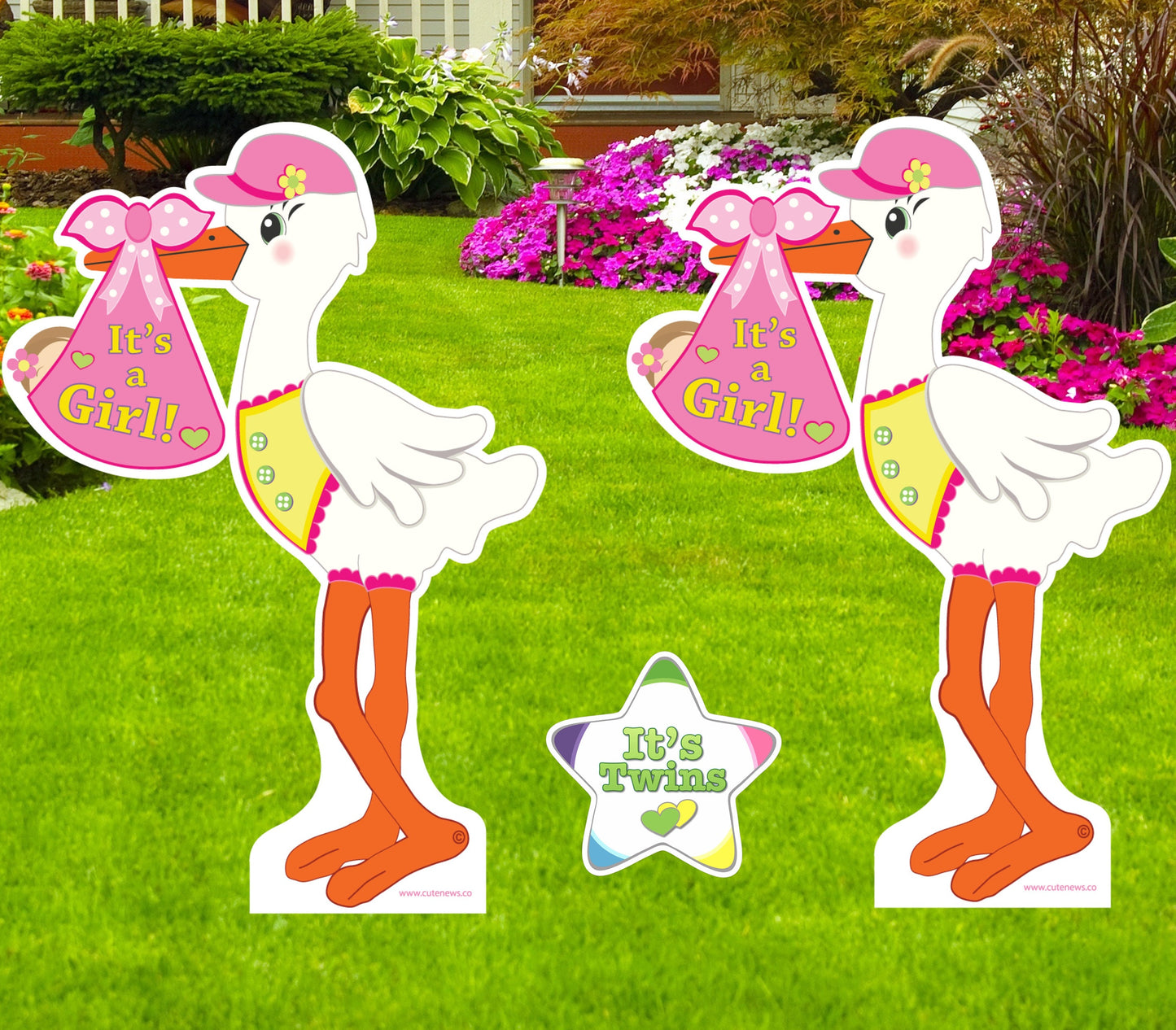 Twin Baby Stork Yard Sign: Newborn Arrival, Welcome Home Outdoor Decor