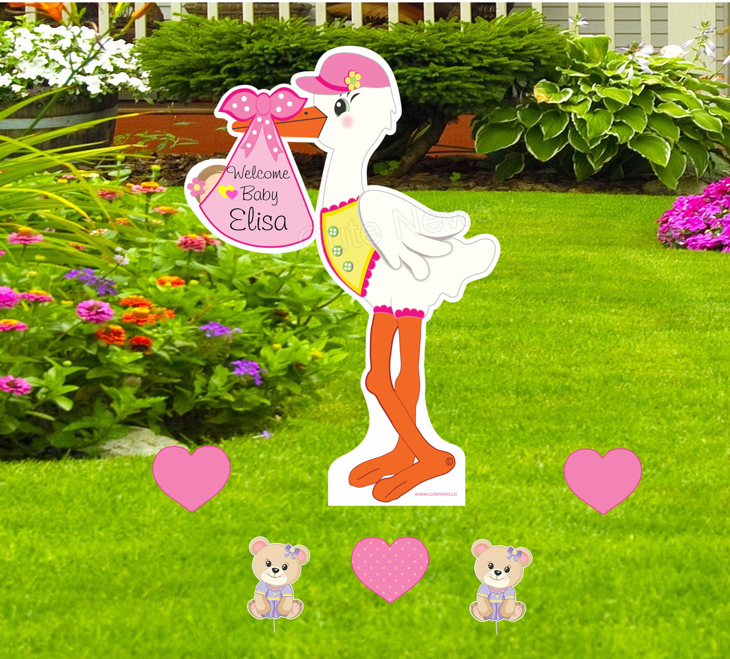Personalized Stork Yard Sign: Baby Girl/Boy Announcement, 7-Piece Decor Set