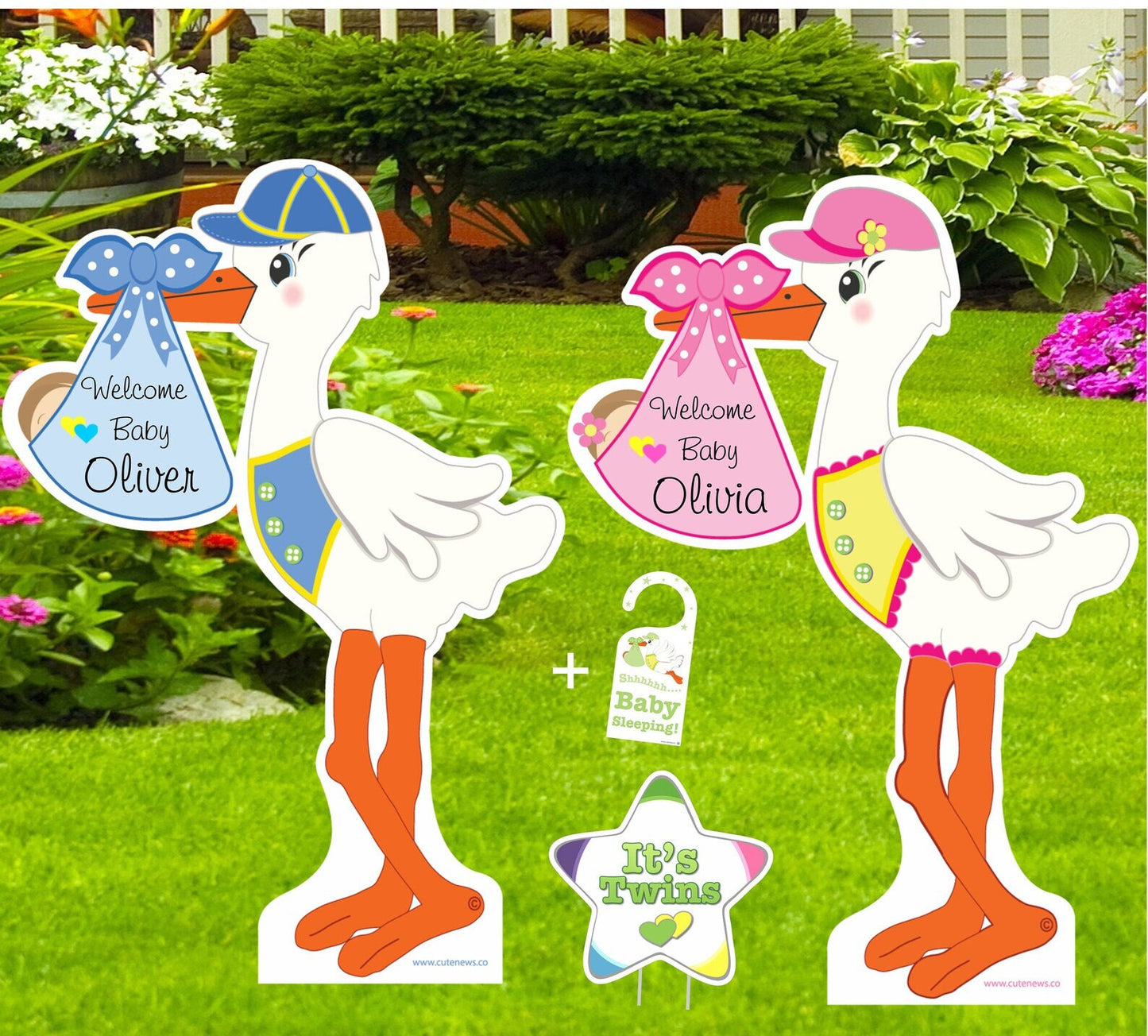 Its Twins Stork Yard Signs Welcome Home Baby Boy and Girl Newborn Lawn Decoration Outdoor New Birth Arrival Announcement Gift, 4 ft