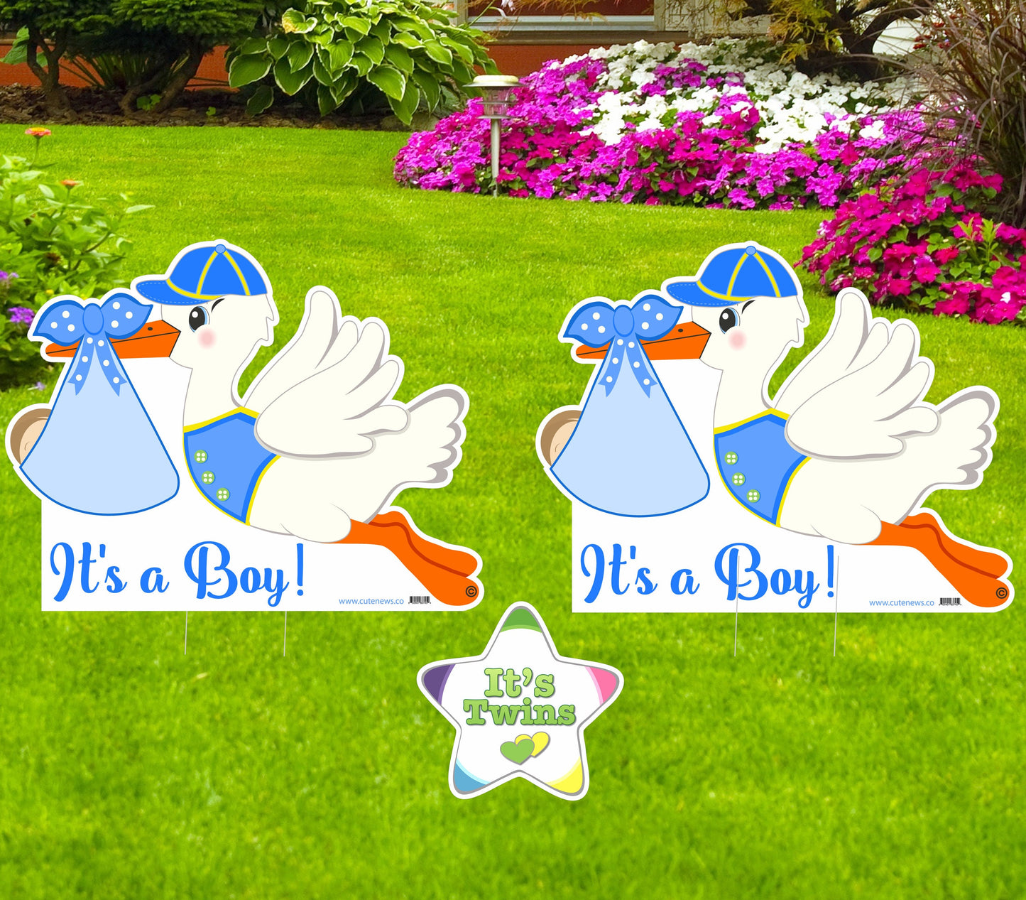 Twin Boys Stork Yard Sign: Personalized Newborn Announcement - Outdoor Lawn Decor