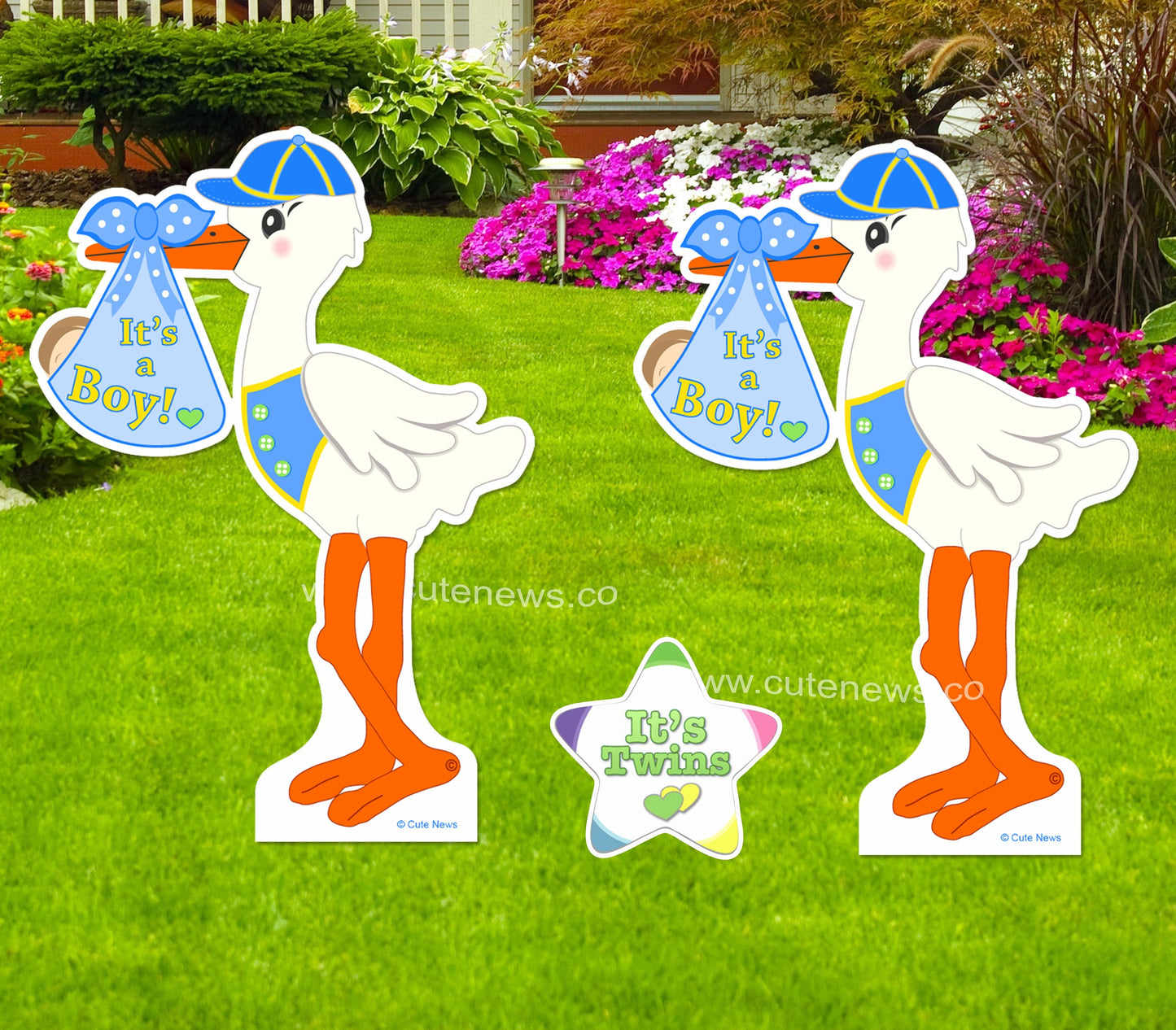 Its Twins Stork Yard Signs Welcome Home Baby Boy and Girl Newborn Lawn Decoration Outdoor New Birth Arrival Announcement Gift, 4 ft