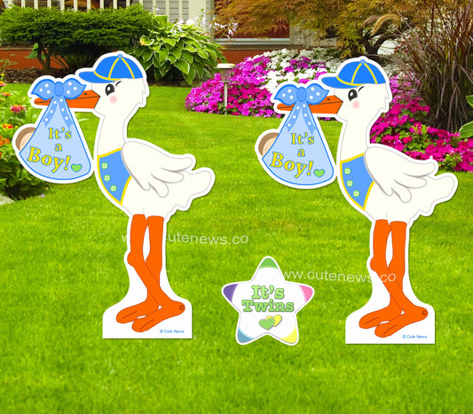 Its Twins Stork Yard Signs Welcome Home Baby Boy and Girl Newborn Lawn Decoration Outdoor New Birth Arrival Announcement Gift, 4 ft