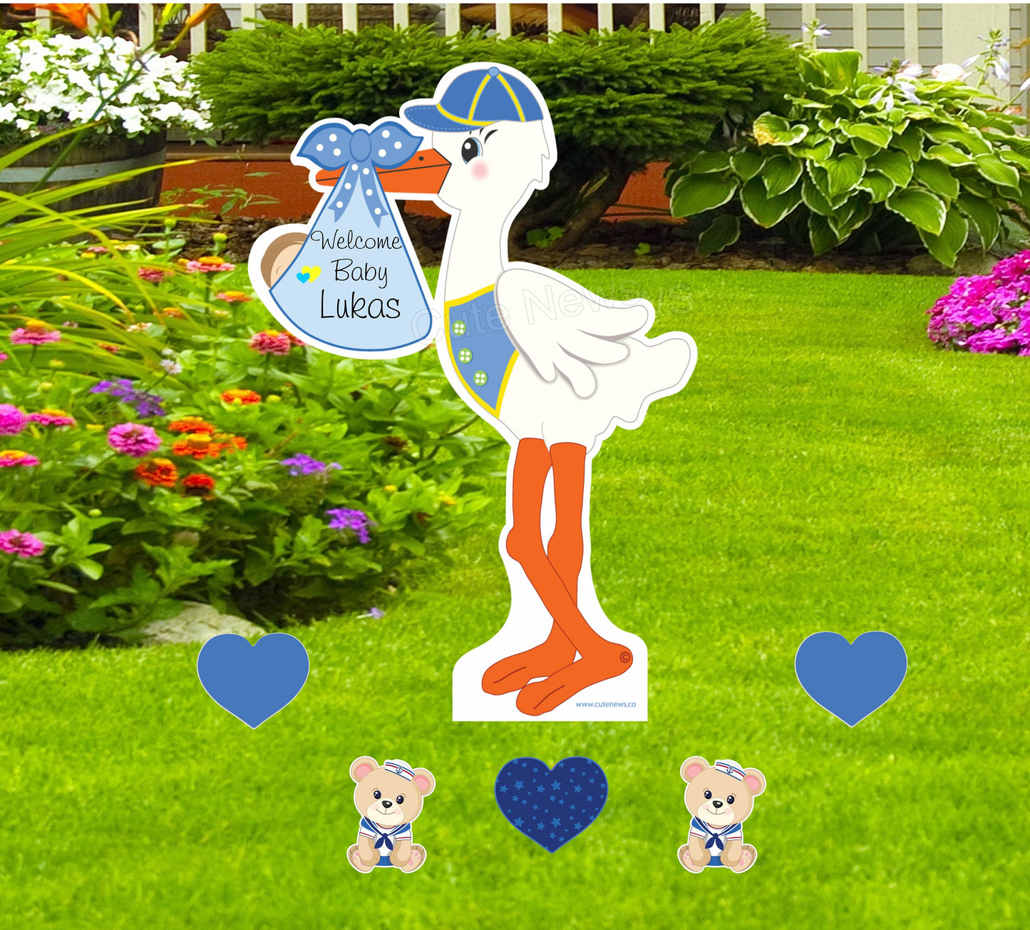 Personalized Stork Yard Sign: Baby Girl/Boy Announcement, 7-Piece Decor Set