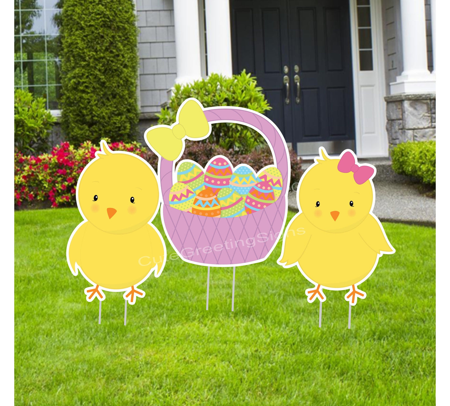 Easter Yard Decor: Egg Basket & Chick Cutouts with Stakes