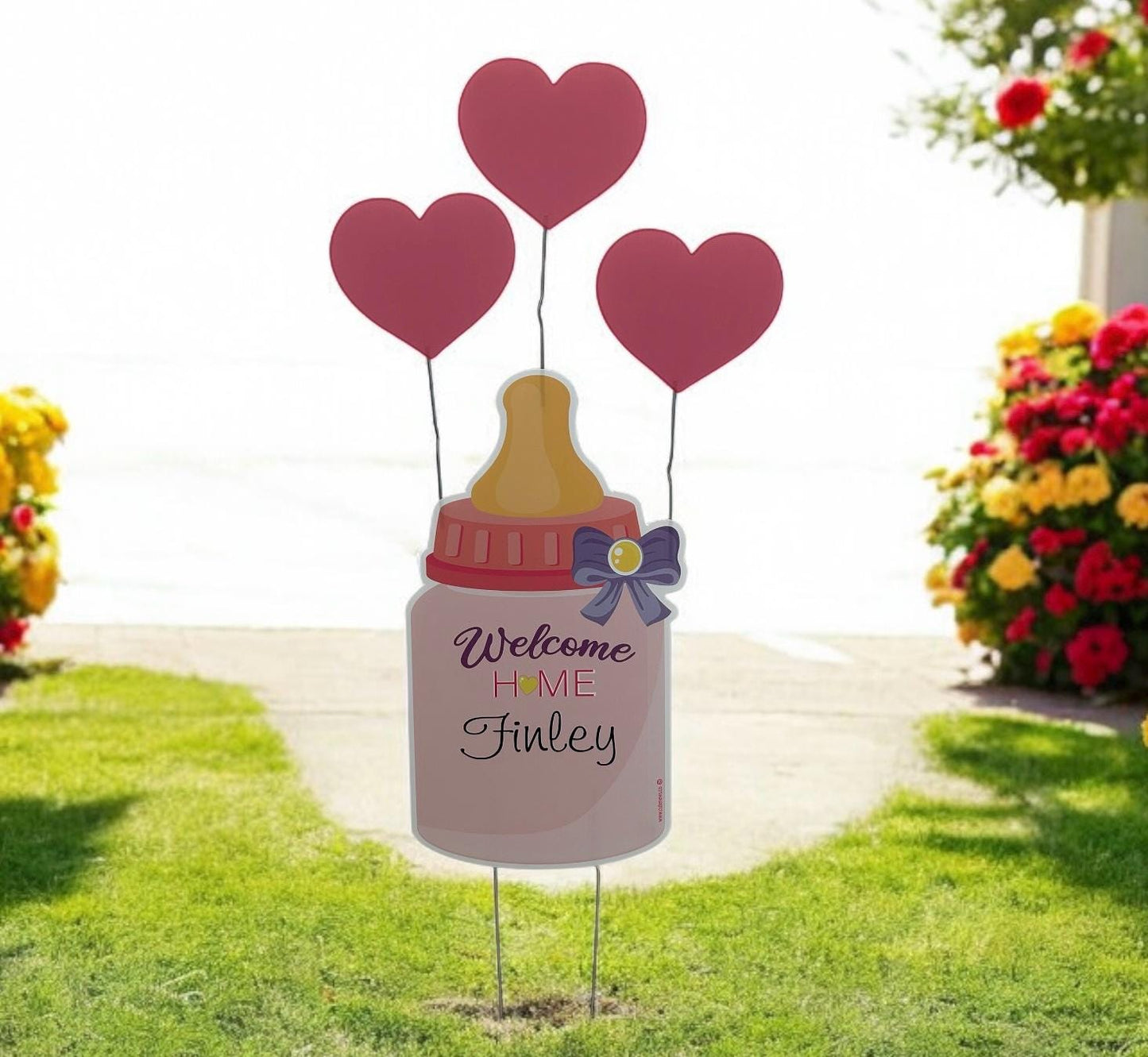 Welcome Home Baby Yard Sign – Personalized Newborn Lawn Decoration for Girl or Boy, Baby Bottle and Hearts Outdoor Birth Announcement